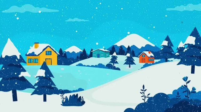 Cozy Winter Cabin in Snowy Landscape with Animated Smoke and Falling Snow Loop