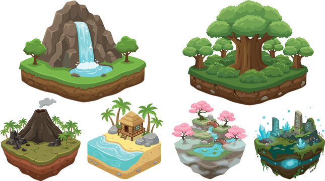 Isometric Fantasy Island Biome Vector Set with Waterfall Volcano Tropical Beach Giant Tree Sakura Garden and Magical Ruins for Strategy Gaming Graphic Designs