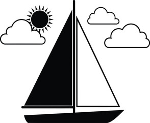 Sailing Boat With Sun And Clouds Black And White Silhouette © Om Studio