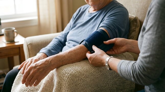 Caregiver Fastening Blood Pressure Cuff on Elderly Arm Trust Care and Senior Healthcare Concept