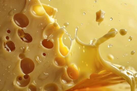 Piece of swiss cheese splashing in a creamy yellow liquid, creating dynamic movement and droplets