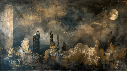 Fototapeta premium Mystical Ruined City Beneath the Moon in a Surreal Fantasy Landscape