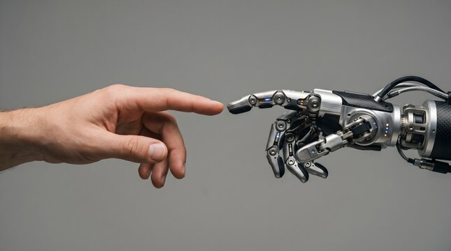 Robotic Hand and Human Hand Reaching Toward Each Other Futuristic AI Human Connection Concept