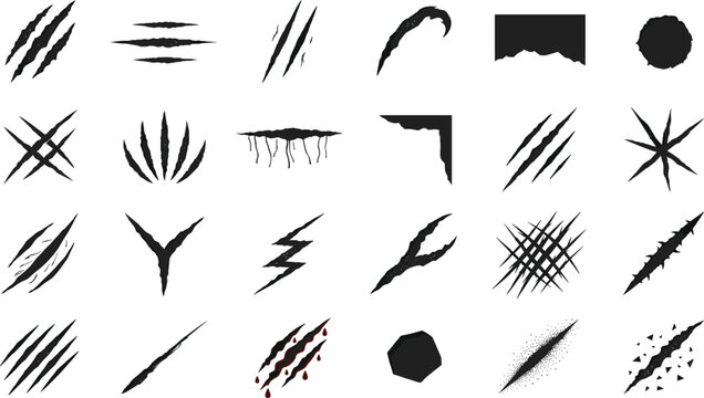 Monster Claw Scratch Marks Silhouette Collection Featuring Savage Animal Slash Bloody Rip Torn Paper Textures and Lightning Wounds for Horror and Gaming Designs