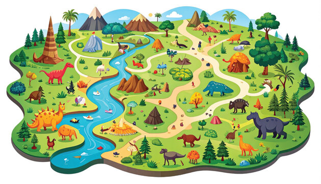 Colorful illustration of a dinosaur landscape.