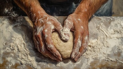 Fototapeta premium Hands kneading a ball of bread dough on a floured wooden table.