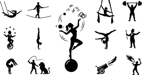 Circus Performer Silhouette Vector Icon Set Featuring Black Icons of Acrobats, Juggler, Strongman, Ringmaster, Lion Tamer, Aerial Silk Artists, and Carnival Show Entertainers © Md