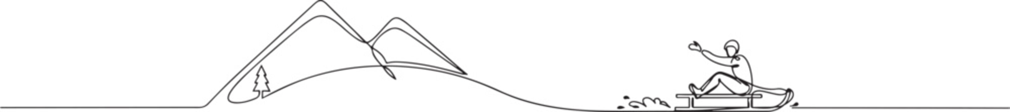 Sled, sleigh one line art. Continuous line drawing of sport, winter, snow, activity, board, mountains, hill, game, vacation. one line Icon drawing