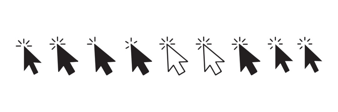 Clicking cursor icons, set of arrow pointers with click effect, user interface symbols.