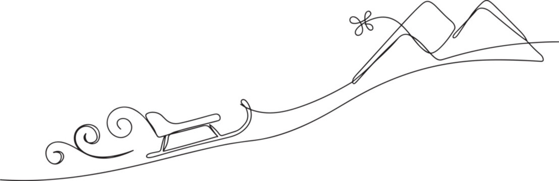 Sled, sleigh one line art. Continuous line drawing of sport, winter, snow, activity, board, mountains, hill, game, vacation. one line Icon drawing