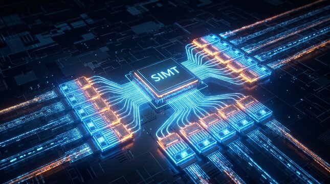 Futuristic SIMT computer processor with glowing blue and orange circuitry