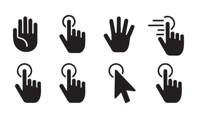 Fototapeta premium Eight black icons showing hand gestures computer cursor and mouse for interface design.