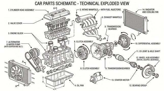 Technical exploded view of car engine components with labels and schematic diagram