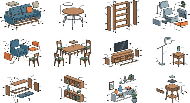 Furniture Assembly Exploded View Diagram Icon Set with Sofa, Table, Chair, Bookshelf, and TV Stand Technical Manual Blueprints Isometric Vector Illustration Designs