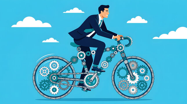 Man in suit riding bicycle made of gears and chains on blue sky background image