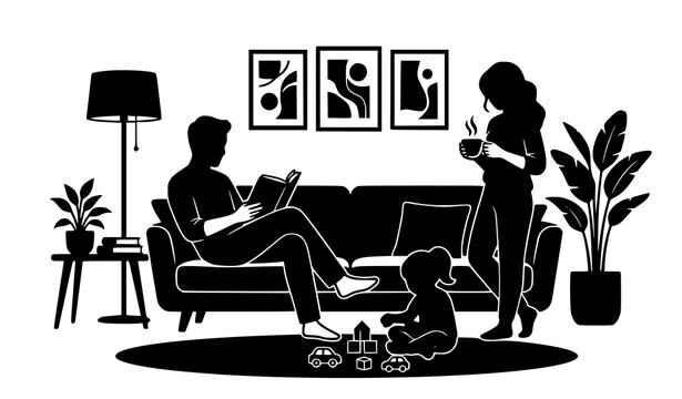 Happy Family Living Room Silhouette with Parents Child and Home Interior Scene Illustration