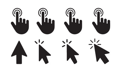 Fototapeta premium Computer mouse cursor arrow and hand icons set for web design clicking selection actions and user interface navigation.