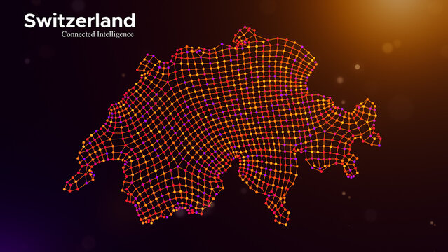 Switzerland connected intelligence concept featuring a digital node network map, linked data structures, and modern typography on a glowing purple orange technology background.