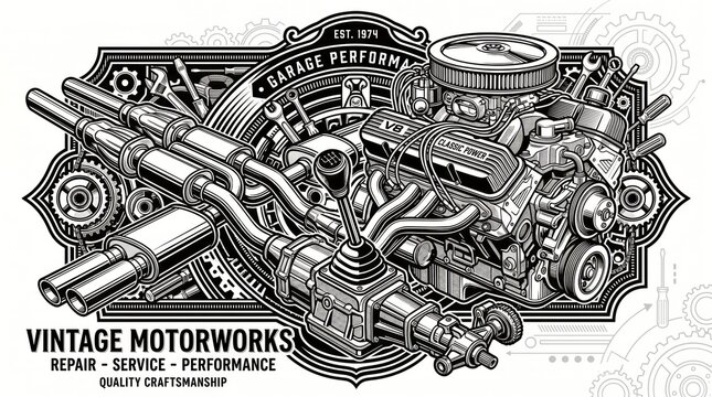 Vintage Motorworks emblem featuring a classic V8 engine and exhaust system