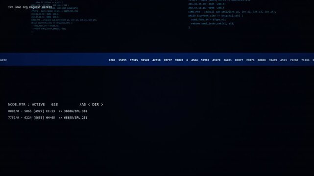 Blue Digital Terminal Display with Scrolling Source Code and Numbers for Software Hack Concept