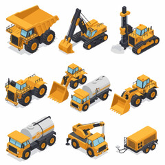 Collection of isometric construction vehicles and heavy machinery. © Dalijo