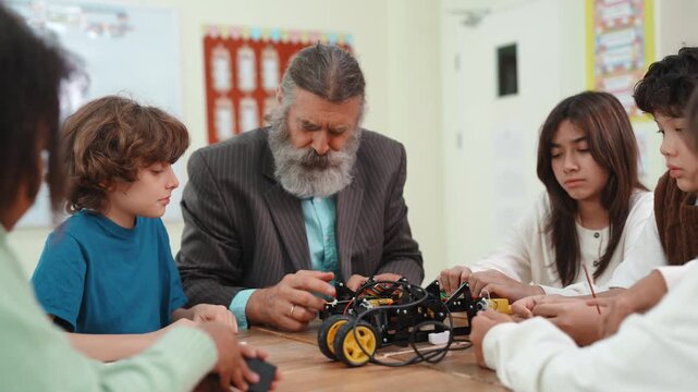 Senior teacher and diverse students building robot in STEM class. Children learning science and engineering project together in elementary school classroom.