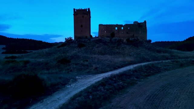 Aerial view of Yecra or Y&eacute;quera Castle in the medieval settlement of Y&eacute;quera, in the municipality of Luna, near Lacorvilla. Zaragoza, Aragon, Spain, Europe
