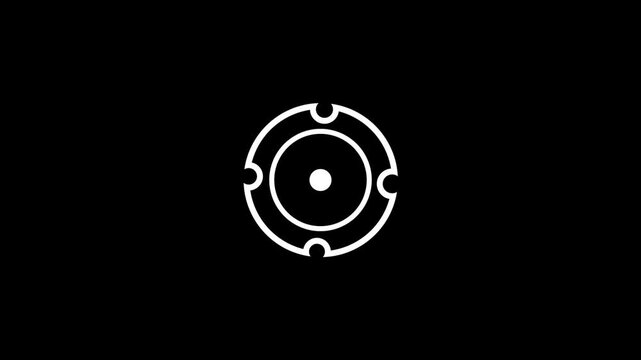 Minimalist geometric circular icon with central point and outer ring segments rotating smoothly against solid black background for clean aesthetic.