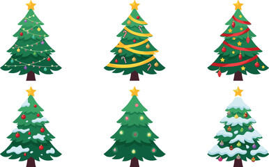 Fototapeta premium Decorated Christmas Tree Vector Icon Set with Garlands Star Toppers Baubles Ribbons and Snow for Winter Holiday Carnival and Festive Greeting Card Graphic Designs
