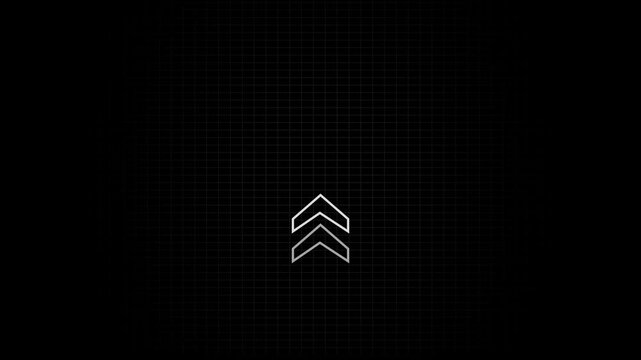 Minimalist digital loading animation with pulsing upward arrows on dark grid background.