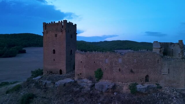 Aerial view of Yecra or Y&eacute;quera Castle in the medieval settlement of Y&eacute;quera, in the municipality of Luna, near Lacorvilla. Zaragoza, Aragon, Spain, Europe