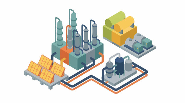 Industrial factory complex with processing units and storage tanks isometric illustration.