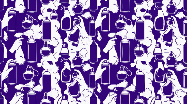 Seamless pattern of spray bottles, aerosol cans, and perfume atomizers