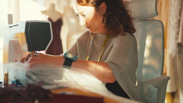 Seamstress works on dress design in a bright workshop during afternoon hours