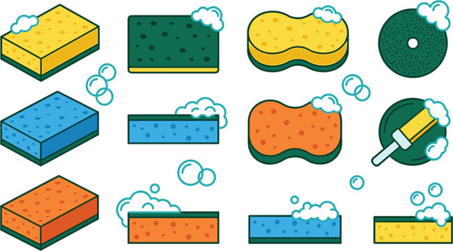 Colorful cleaning sponge vector set with soapy foam bubbles scouring pads and brushes for household dishwashing and housekeeping concepts