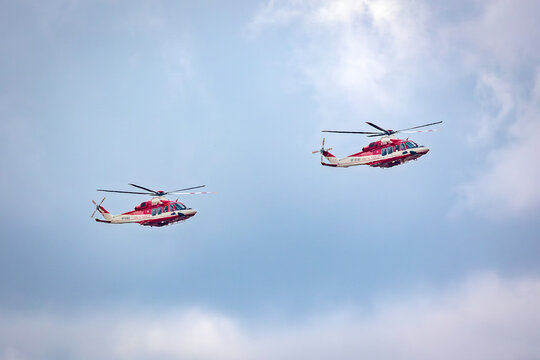 Firefighters AW139 helicopter in flight.