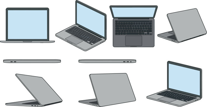 Modern silver laptop vector mockup set with multiple angles open closed side front and top view template for technology design