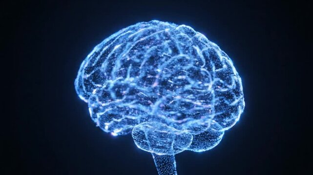 A glowing digital human brain model against a dark background