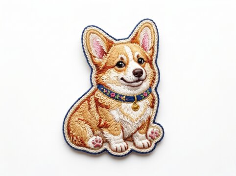Cute embroidery Welsh Corgi puppy patch with decorative blue collar isolated on white background
