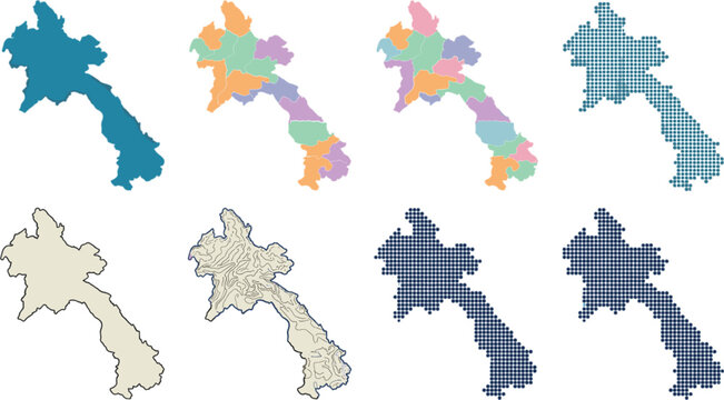Laos map vector design set with silhouette regional divisions topographic contour lines and pixelated dot matrices graphic layouts
