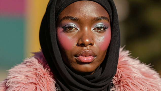 Woman in hijab with dramatic pink eye makeup and fur coat.