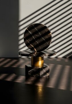 Black marble pedestal with circular platform and golden accents on black marble background