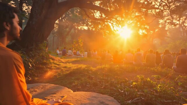 Monk in orange robe meditates with large spiritual group in serene forest at beautiful golden sunrise.