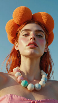 Woman with orange hair accessories and colorful necklace.