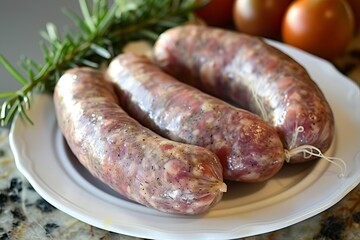 Fototapeta premium Fresh uncooked sausages seasoned with herbs and spices, accompanied by rosemary sprigs and ripe tomatoes