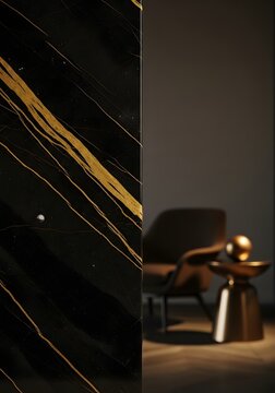 Black marble wall with golden veins and blurred interior luxury texture