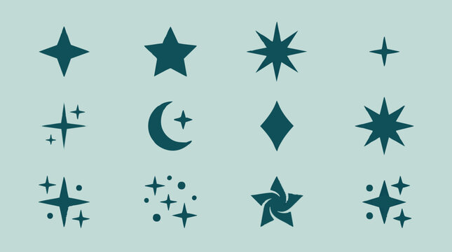 Collection of teal star and celestial vector icons on a light background