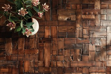 Obraz premium Pink protea flowers decorating rustic wooden table viewed from above
