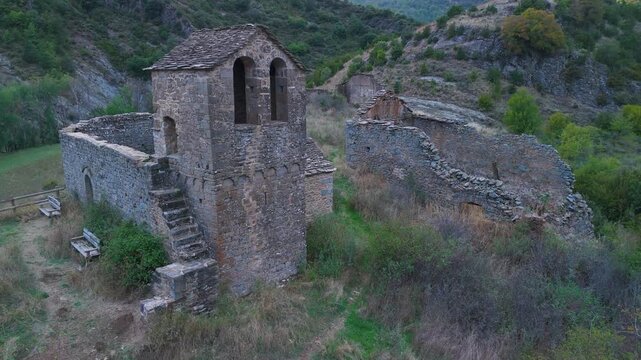 Aerial view from a drone of the abandoned village of Santa Mar&iacute;a de Belsu&eacute; in the municipality of Nueno. Hoya de Huesca region. Aragon. Spain. Europe