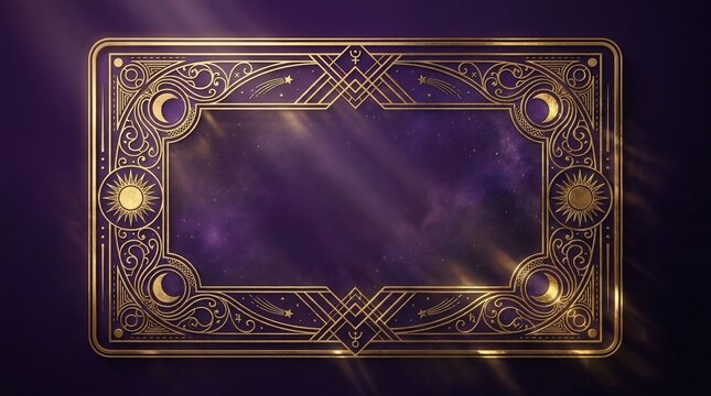 Elegant golden art deco frame on cosmic purple background with celestial elements and mystical sun and moon symbols creating magical atmosphere for esoteric designs.